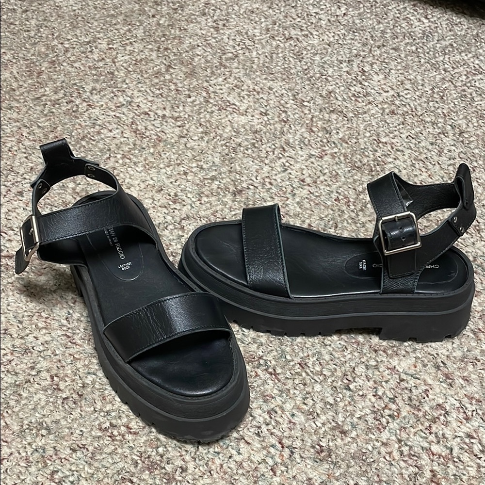 Black lug sole platform Leather ankle strap Sandals- new
